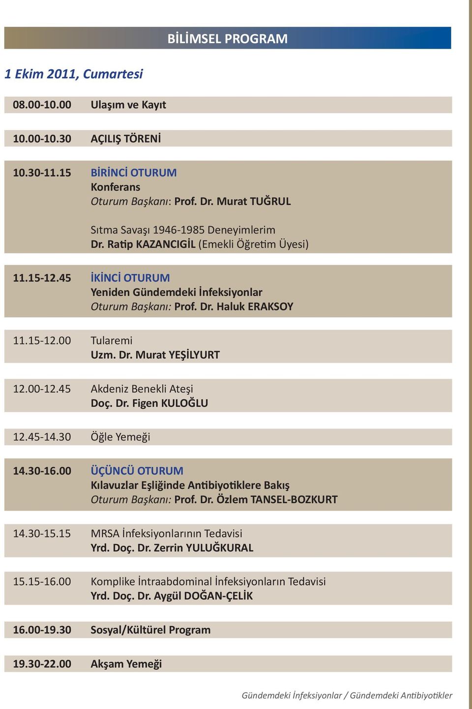 Dr. Murat YEŞİLYURT 12.00-12.45 Akdeniz Benekli Ateşi 12.45-14.30 Öğle Yemeği 14.30-16.00 ÜÇÜNCÜ OTURUM Kılavuzlar Eşliğinde Antibiyotiklere Bakış Oturum Başkanı: Prof. Dr.