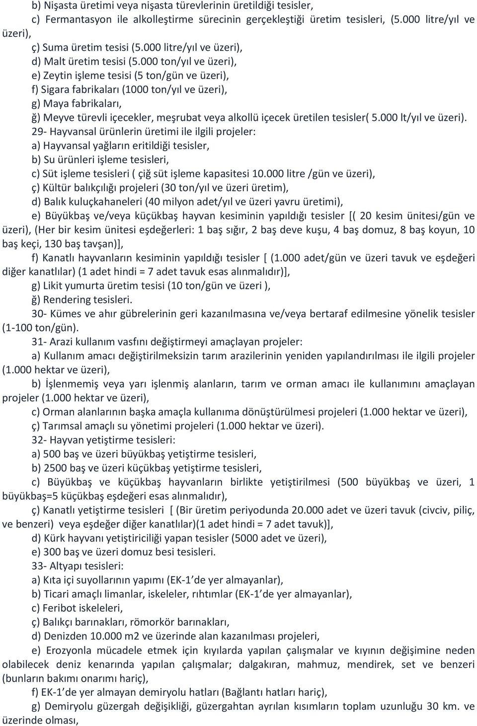 000 ton/yıl ve üzeri), e) Zeytin işleme tesisi (5 ton/gün ve üzeri), f) Sigara fabrikaları (1000 ton/yıl ve üzeri), g) Maya fabrikaları, ğ) Meyve türevli içecekler, meşrubat veya alkollü içecek