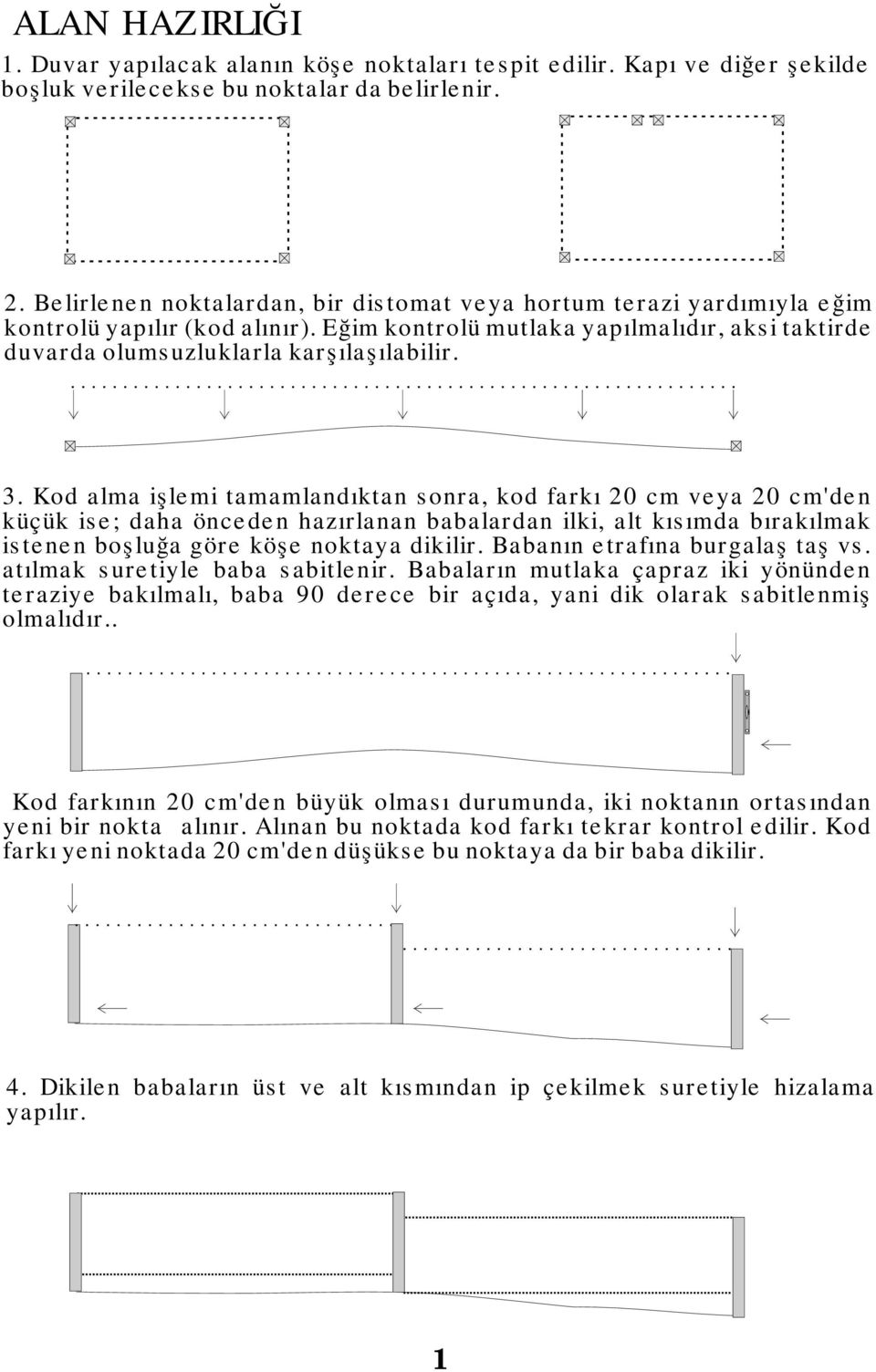 Kod alma işlemi tamamlandıktan sonra, kod farkı 20 cm veya 20 cm'den küçük ise; daha önceden hazırlanan babalardan ilki, alt kısımda bırakılmak istenen boşluğa göre köşe noktaya dikilir.