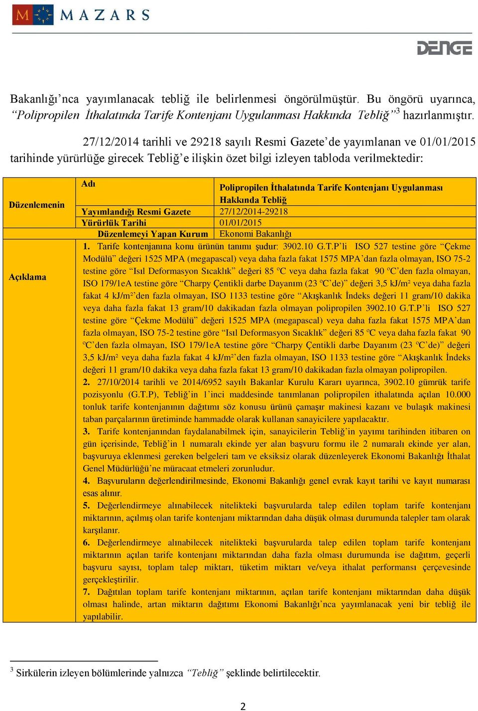 Polipropilen İthalatında Tarife Kontenjanı Uygulanması Hakkında Tebliğ Yayımlandığı Resmi Gazete 27/12/2014-29218 Yürürlük Tarihi 01/01/2015 Düzenlemeyi Yapan Kurum Ekonomi Bakanlığı 1.