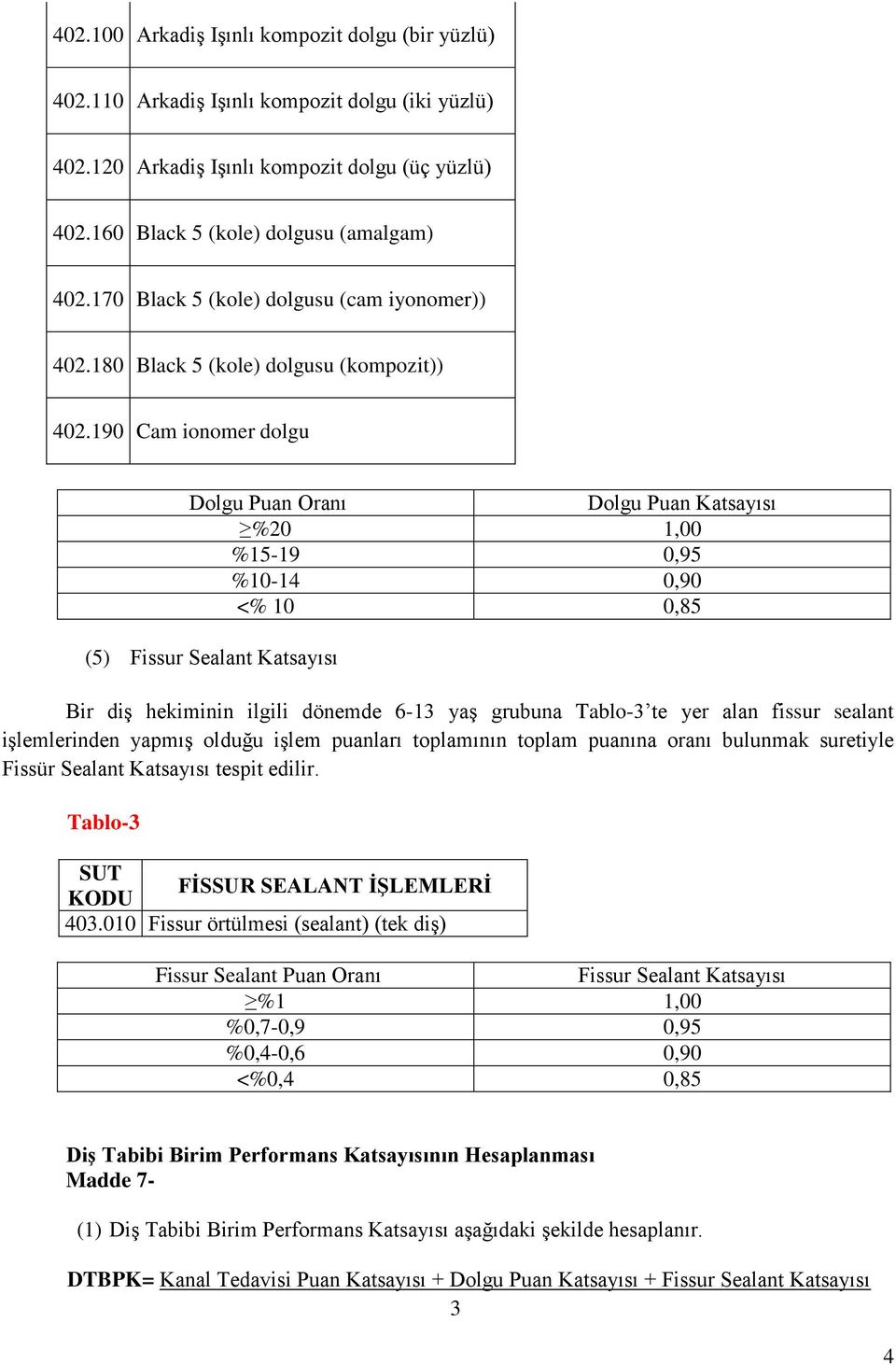 190 Cam ionomer dolgu Dolgu Puan Oranı Dolgu Puan Katsayısı (5) Fissur Sealant Katsayısı Bir diş hekiminin ilgili dönemde 6-13 yaş grubuna Tablo-3 te yer alan fissur sealant işlemlerinden yapmış