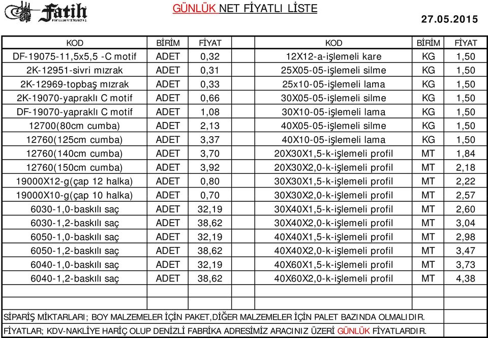 12700(80cm cumba) ADET 2,13 40X05-05-işlemeli silme KG 1,50 12760(125cm cumba) ADET 3,37 40X10-05-işlemeli lama KG 1,50 12760(140cm cumba) ADET 3,70 20X30X1,5-k-işlemeli profil MT 1,84 12760(150cm