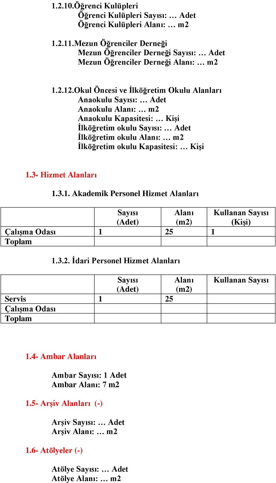 3- Hizmet Alanları 1.3.1. Akademik Personel Hizmet Alanları Sayısı (Adet) Alanı (m2) Kullanan Sayısı (Kişi) Çalışma Odası 1 25 1 1.3.2. İdari Personel Hizmet Alanları Sayısı (Adet) Servis 1 25 Çalışma Odası Alanı (m2) Kullanan Sayısı 1.