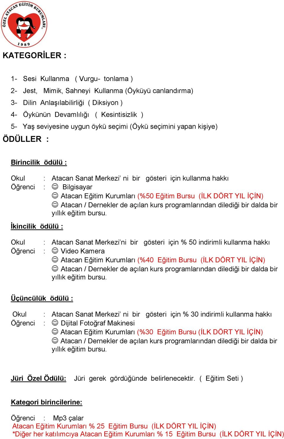 (%50 Eğitim Bursu (İLK DÖRT YIL İÇİN) : Atacan Sanat Merkezi ni bir gösteri için % 50 indirimli kullanma hakkı : Video Kamera Atacan Eğitim Kurumları (%40 Eğitim Bursu (İLK DÖRT YIL İÇİN) Üçüncülük