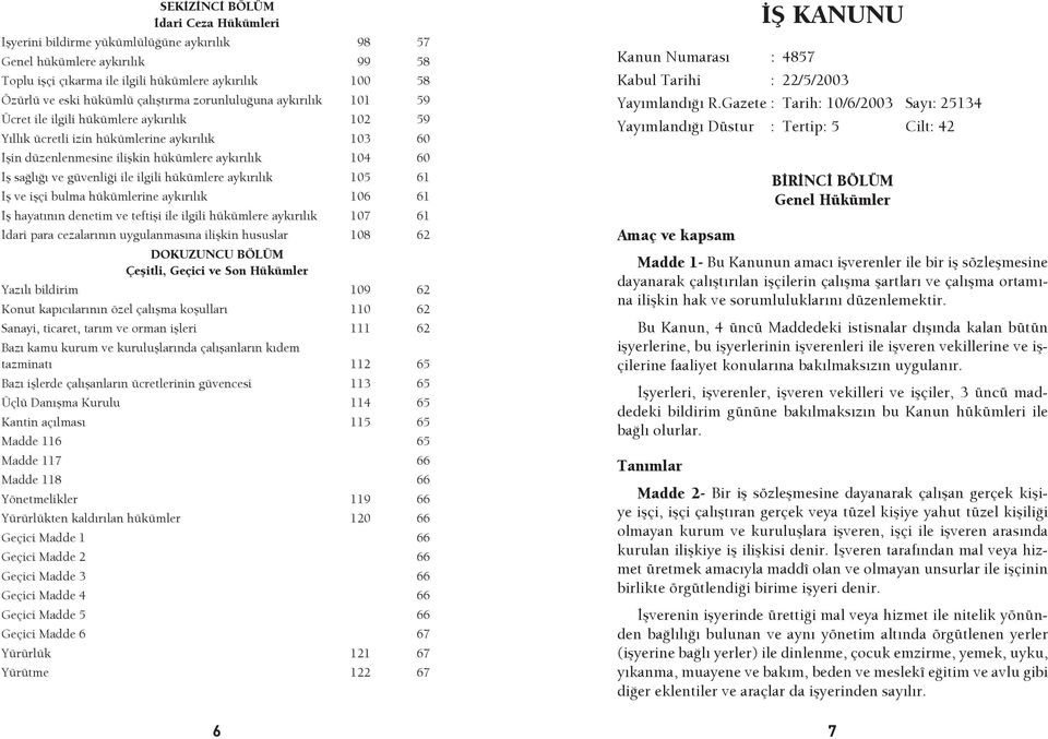 sağlığı ve güvenliği ile ilgili hükümlere aykırılık 105 61 İş ve işçi bulma hükümlerine aykırılık 106 61 İş hayatının denetim ve teftişi ile ilgili hükümlere aykırılık 107 61 İdari para cezalarının