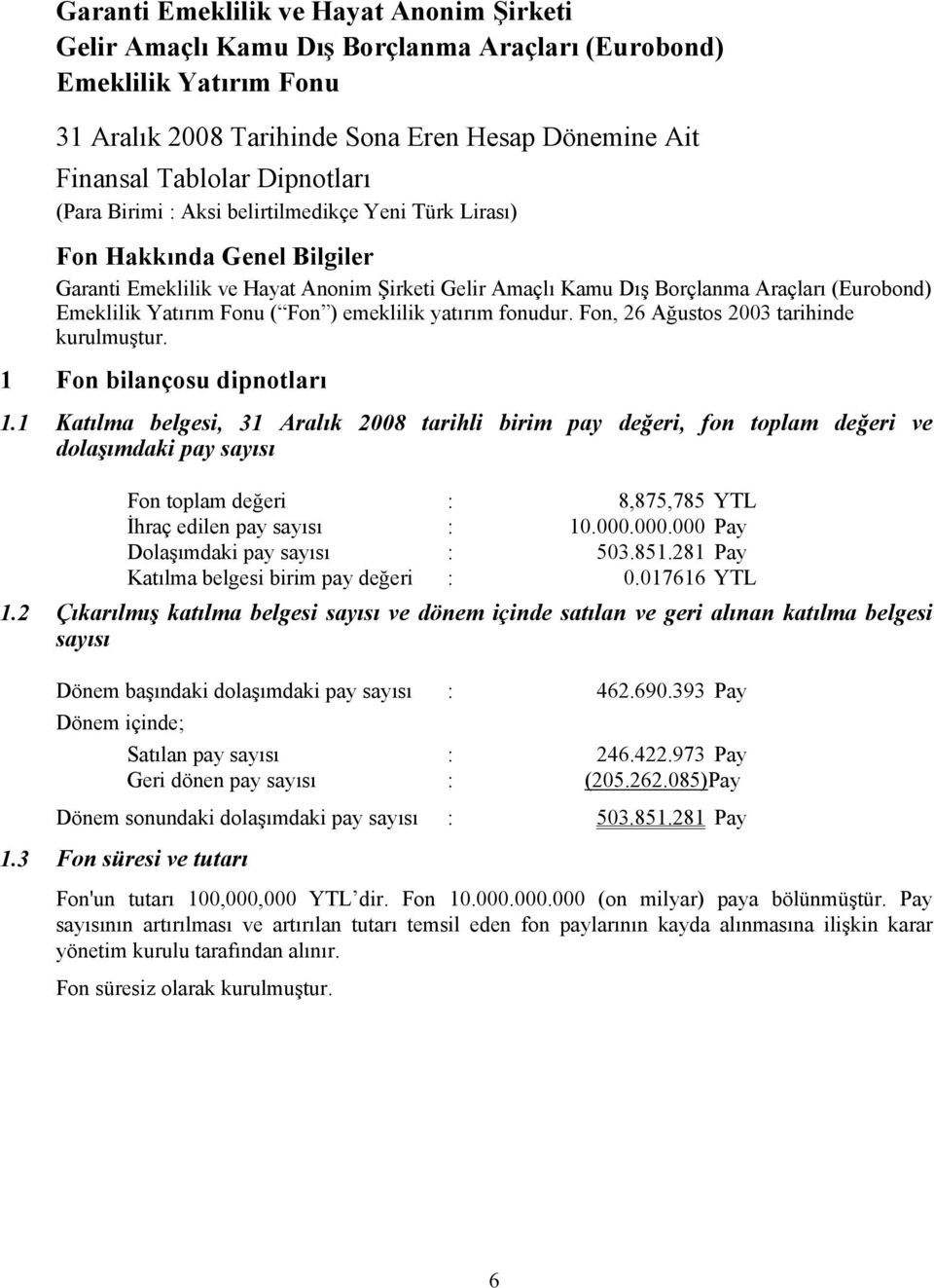 ( Fon ) emeklilik yatırım fonudur. Fon, 26 Ağustos 2003 tarihinde kurulmuştur. 1 Fon bilançosu dipnotları 1.