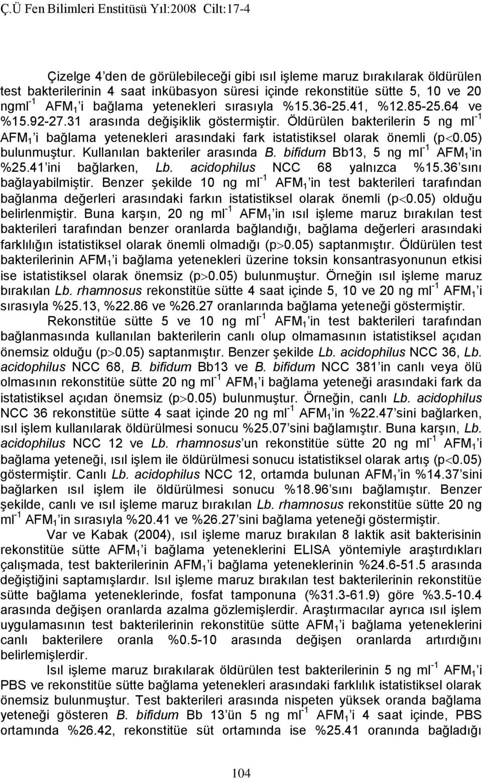 05) bulunmuştur. Kullanılan bakteriler arasında B. bifidum Bb13, 5 ng ml -1 AFM 1 in %25.41 ini bağlarken, NCC 68 yalnızca %15.36 sını bağlayabilmiştir.