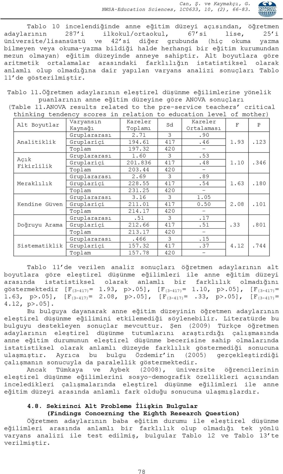 Alt boyutlara göre aritmetik ortalamalar arasındaki farklılığın istatistiksel olarak anlamlı olup olmadığına dair yapılan varyans analizi sonuçları Tablo 11 