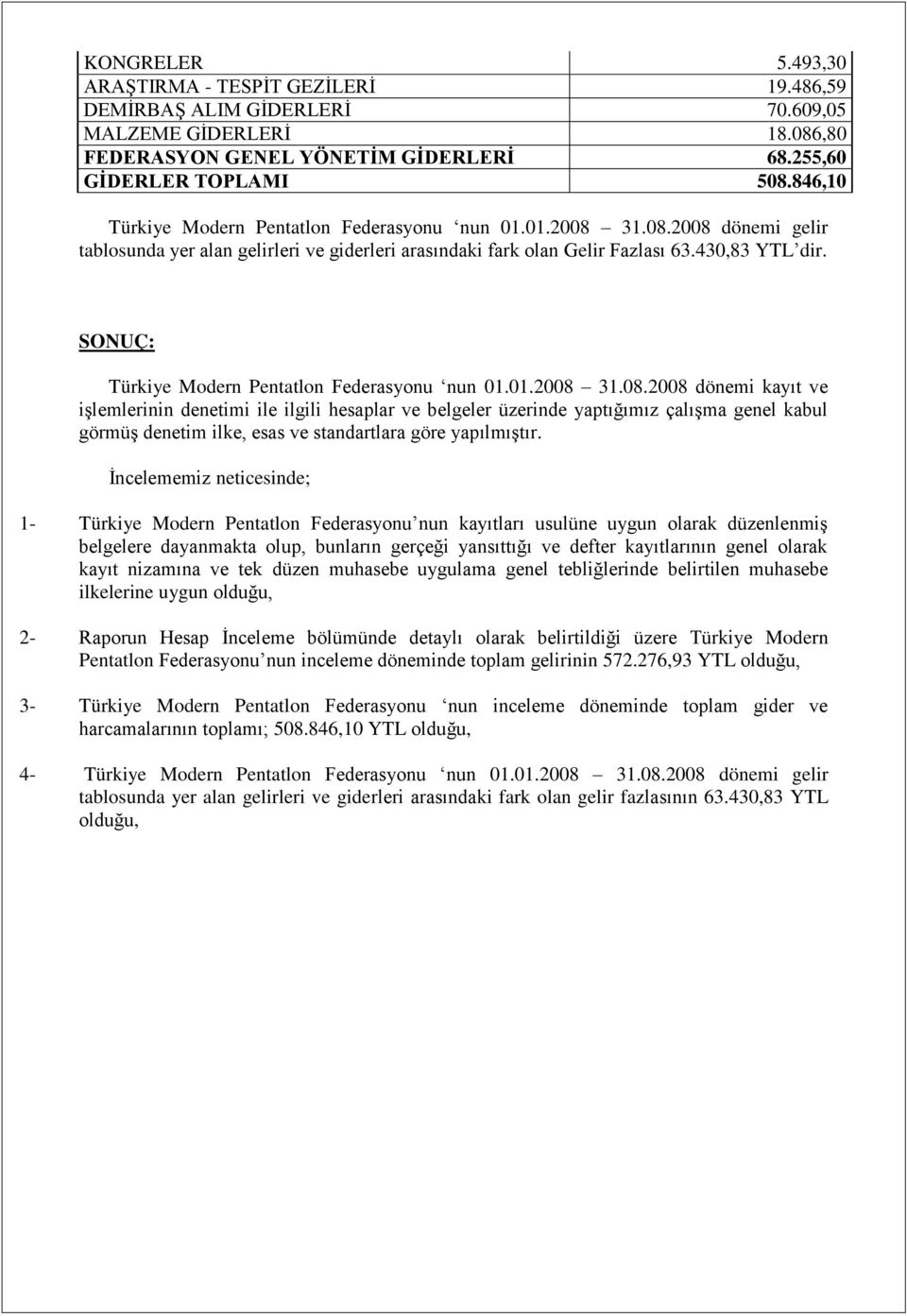 SONUÇ: Türkiye Modern Pentatlon Federasyonu nun 01.01.2008 