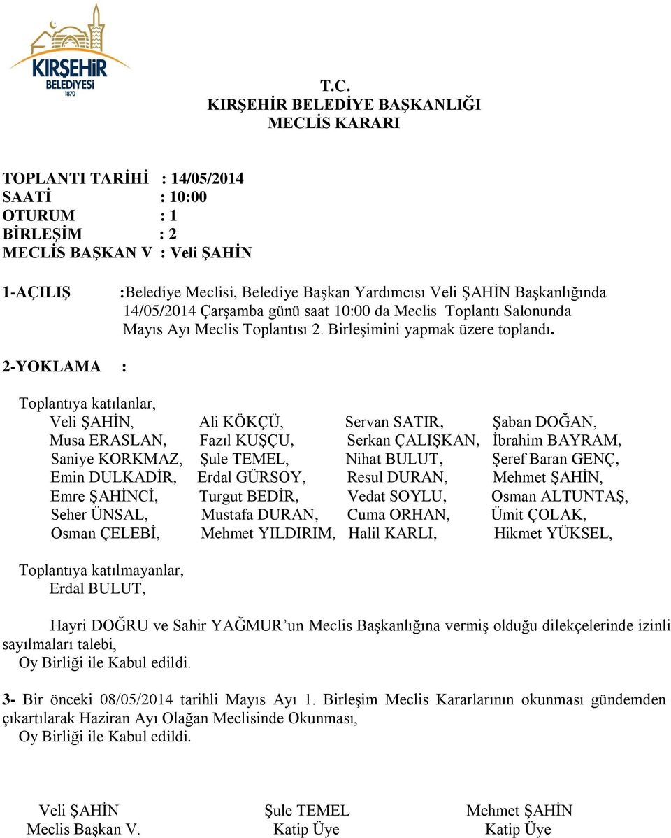 2-YOKLAMA : Toplantıya katılanlar, Veli ŞAHİN, Ali KÖKÇÜ, Servan SATIR, Şaban DOĞAN, Musa ERASLAN, Fazıl KUŞÇU, Serkan ÇALIŞKAN, İbrahim BAYRAM, Saniye KORKMAZ, Şule TEMEL, Nihat BULUT, Şeref Baran