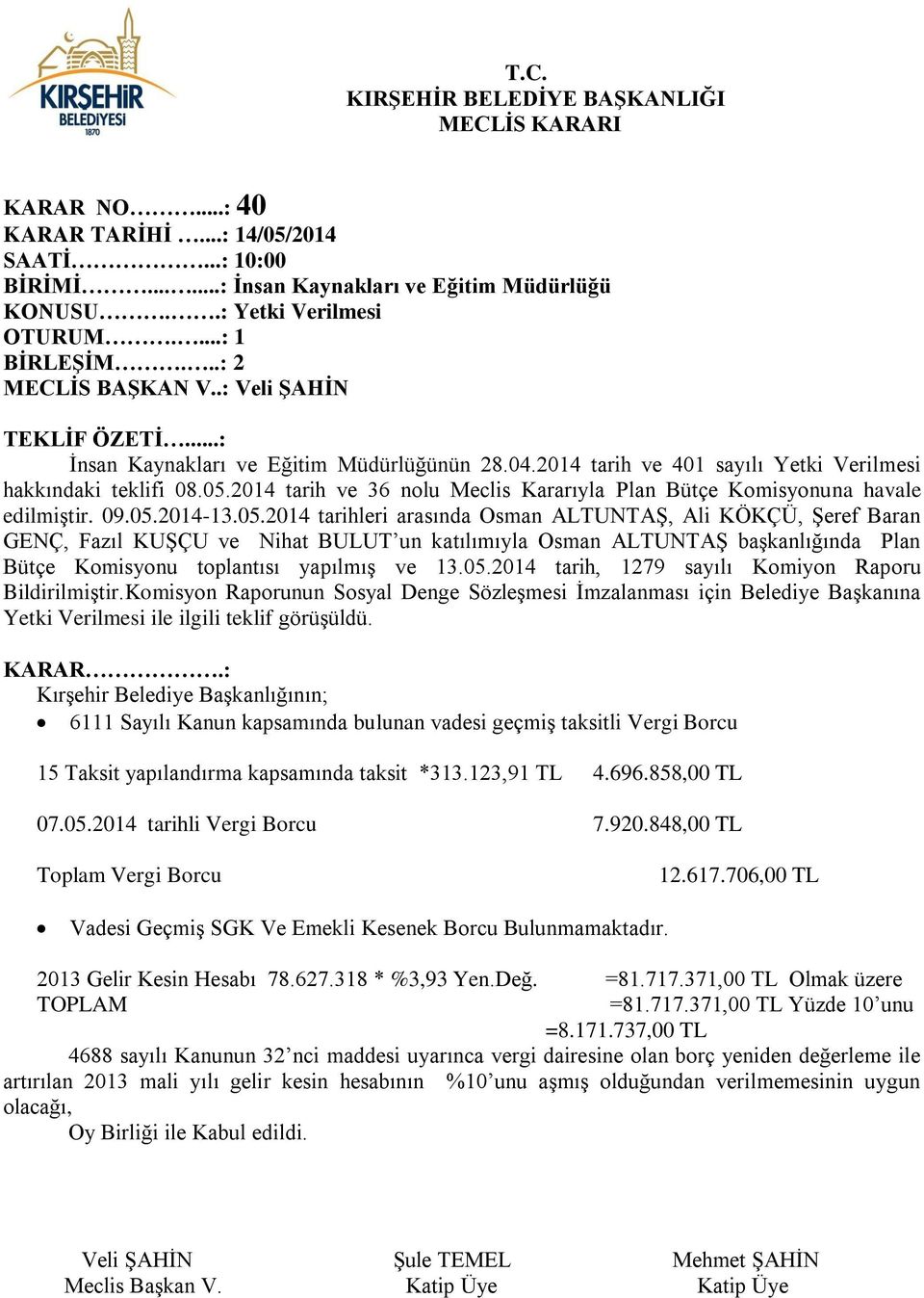 2014 tarih ve 36 nolu Meclis Kararıyla Plan Bütçe Komisyonuna havale edilmiştir. 09.05.