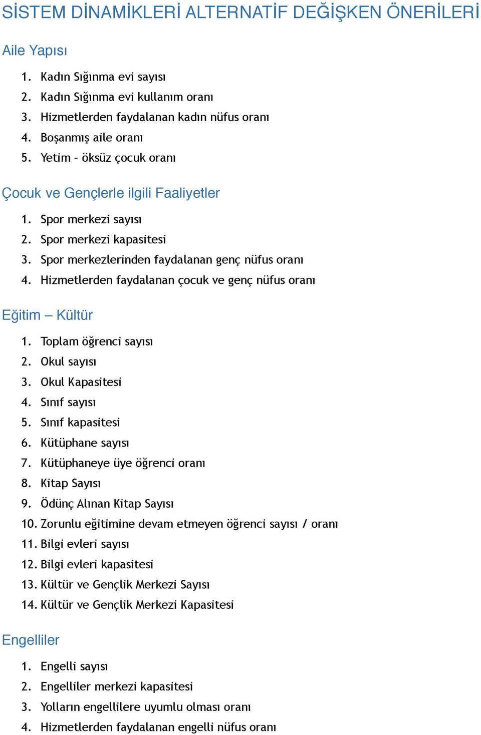 Hizmetlerden faydalanan çocuk ve genç nüfus oranı Eğitim Kültür 1. Toplam öğrenci sayısı 2. Okul sayısı 3. Okul Kapasitesi 4. Sınıf sayısı 5. Sınıf kapasitesi 6. Kütüphane sayısı 7.