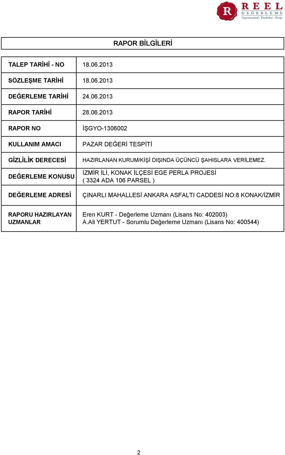 İZMİR İLİ, KONAK İLÇESİ EGE PERLA PROJESİ ( 3324 ADA 106 PARSEL ) ÇINARLI MAHALLESİ ANKARA ASFALTI CADDESİ NO8 KONAK/İZMİR RAPORU