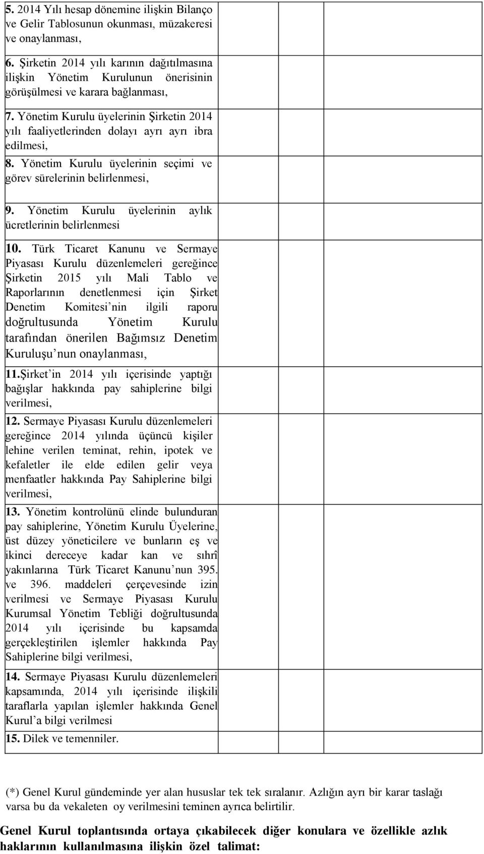 Yönetim Kurulu üyelerinin Şirketin 2014 yılı faaliyetlerinden dolayı ayrı ayrı ibra edilmesi, 8. Yönetim Kurulu üyelerinin seçimi ve görev sürelerinin belirlenmesi, 9.