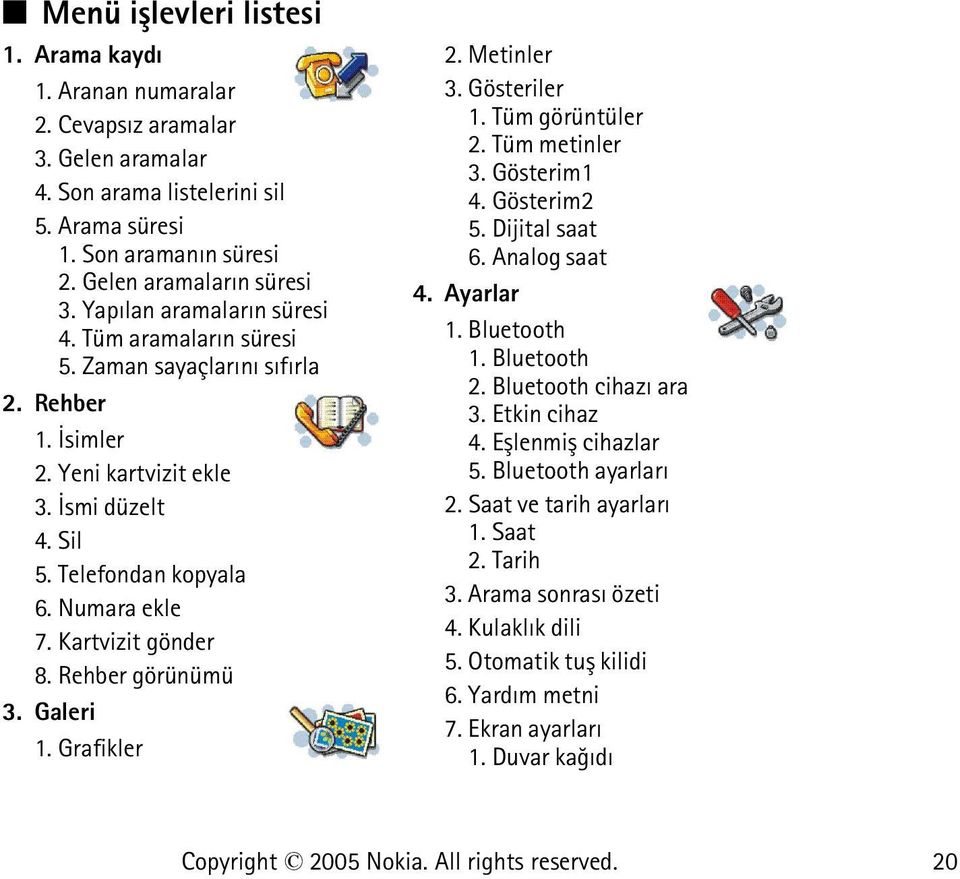 Kartvizit gönder 8. Rehber görünümü 3. Galeri 1. Grafikler 2. Metinler 3. Gösteriler 1. Tüm görüntüler 2. Tüm metinler 3. Gösterim1 4. Gösterim2 5. Dijital saat 6. Analog saat 4. Ayarlar 1.