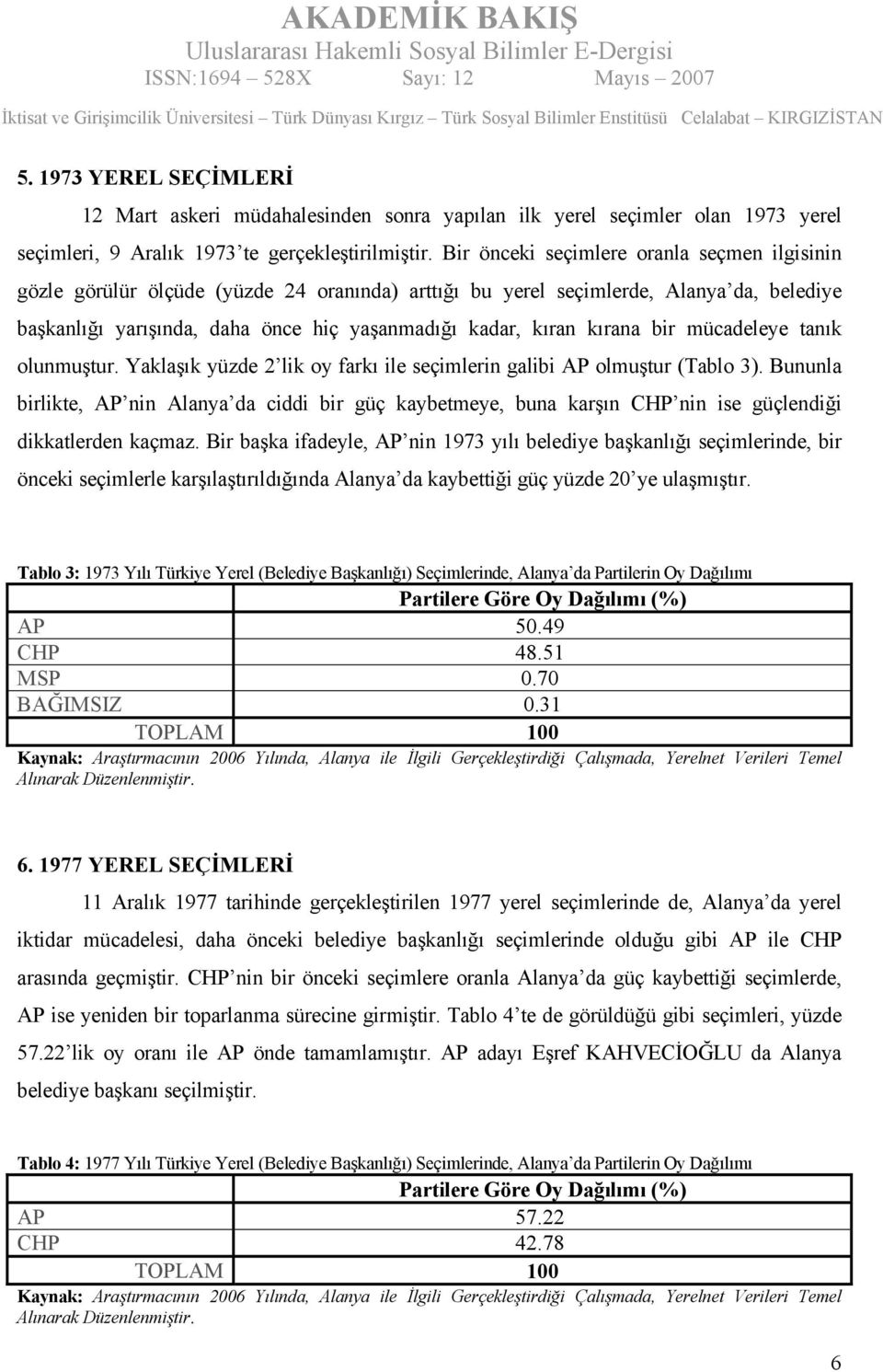 kırana bir mücadeleye tanık olunmuştur. Yaklaşık yüzde 2 lik oy farkı ile seçimlerin galibi AP olmuştur (Tablo 3).