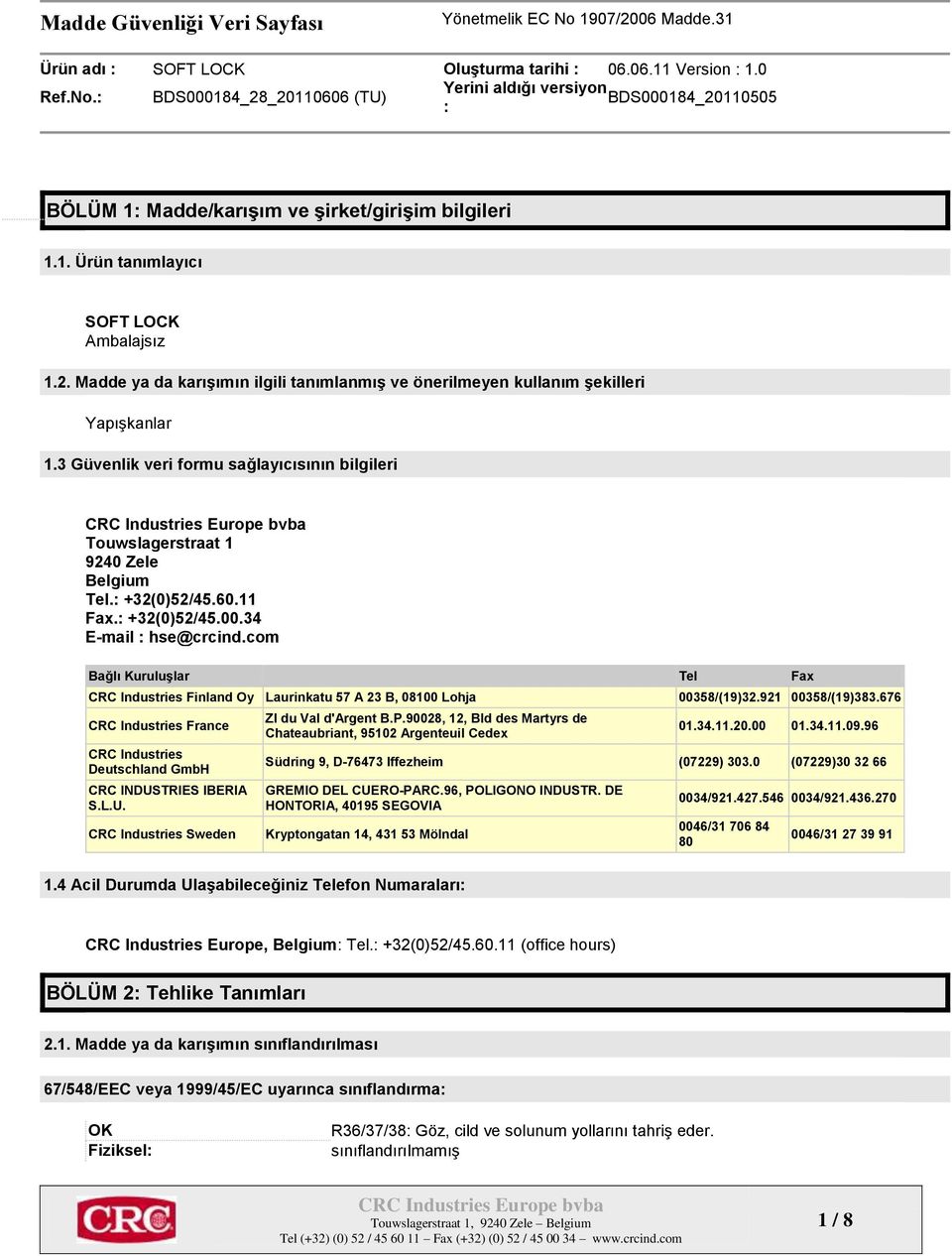 com Bağlı Kuruluşlar Tel Fax CRC Industries Finland Oy Laurinkatu 57 A 23 B, 08100 Lohja 00358/(19)32.921 00358/(19)383.