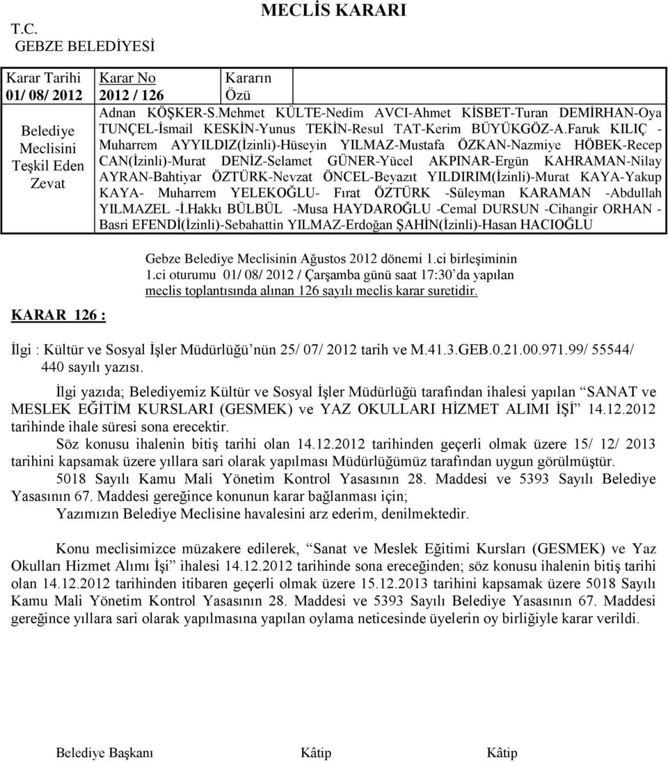 Ġlgi yazıda; miz Kültür ve Sosyal ĠĢler Müdürlüğü tarafından ihalesi yapılan SANAT ve MESLEK EĞĠTĠM KURSLARI (GESMEK) ve YAZ OKULLARI HĠZMET ALIMI ĠġĠ 14.12.2012 tarihinde ihale süresi sona erecektir.