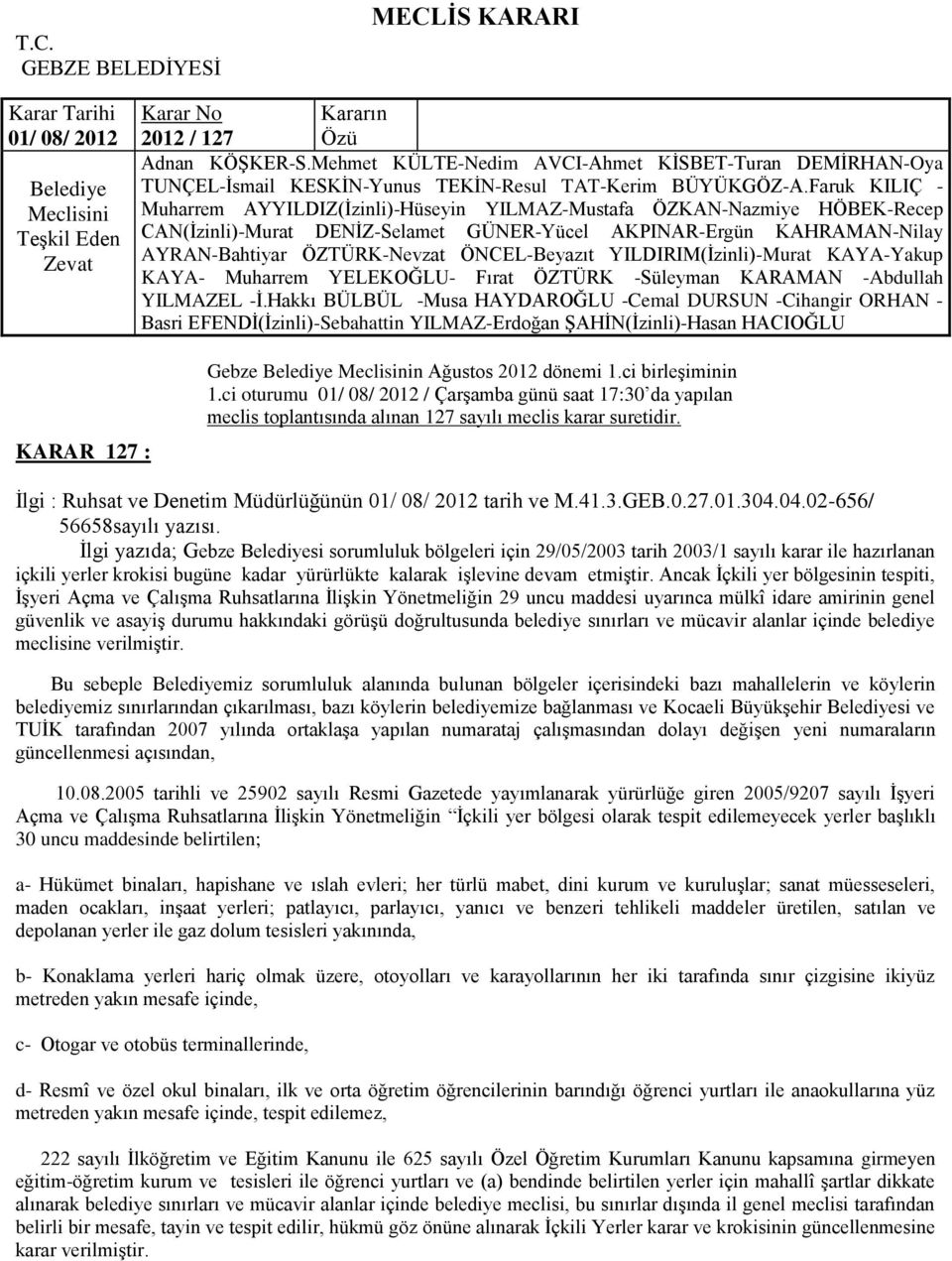 Ġlgi yazıda; Gebze si sorumluluk bölgeleri için 29/05/2003 tarih 2003/1 sayılı karar ile hazırlanan içkili yerler krokisi bugüne kadar yürürlükte kalarak iģlevine devam etmiģtir.