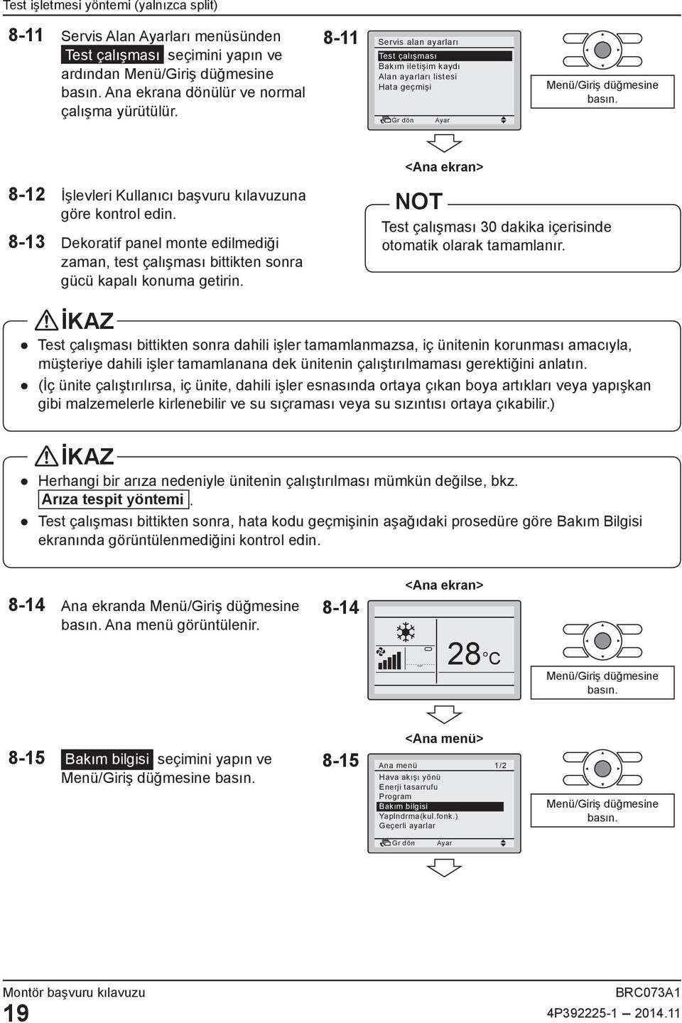 8-13 Dekoratif panel monte edilmediği zaman, test çalışması bittikten sonra gücü kapalı konuma getirin. NOT Test çalışması 30 dakika içerisinde otomatik olarak tamamlanır.