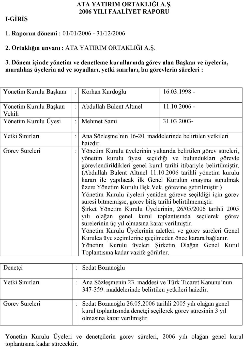 03.1998 - Yönetim Kurulu Başkan : Abdullah Bülent Altınel 11.10.2006 - Vekili Yönetim Kurulu Üyesi : Mehmet Sami 31.03.2003- Yetki Sınırları : Ana Sözleşme nin 16-20.