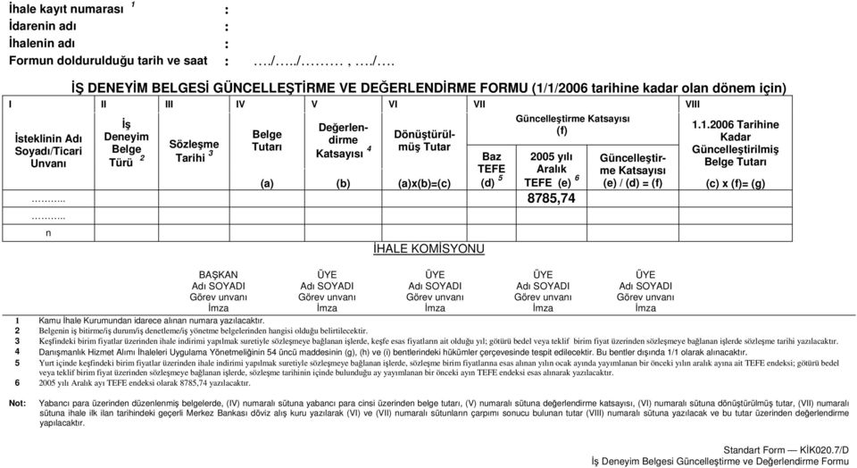 Tarihi 3 Tutarı Değerlendirme Katsayısı 4 Dönüştürülmüş Tutar Güncelleştirme Katsayısı (f) (a) (b) (a)x(b)=(c) Baz TEFE (d) 5 2005 yılı Aralık TEFE (e) 6 8785,74 n İHALE KOMİSYONU 1.