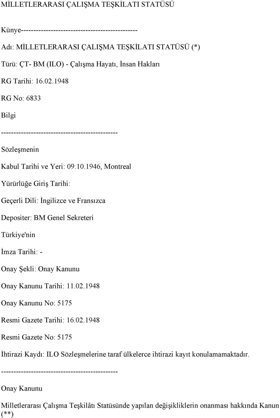 1946, Montreal Yürürlüğe Giriş Tarihi: Geçerli Dili: İngilizce ve Fransızca Depositer: BM Genel Sekreteri Türkiye'nin İmza Tarihi: - Onay Şekli: Onay Kanunu Onay Kanunu Tarihi: 11.02.