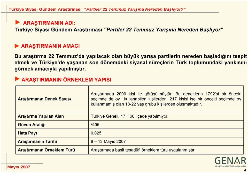 ARAŞTIRMANIN ÖRNEKLEM YAPISI Araştırmanın Denek Sayısı Araştırmada 2009 kişi ile görüşülmüştür.