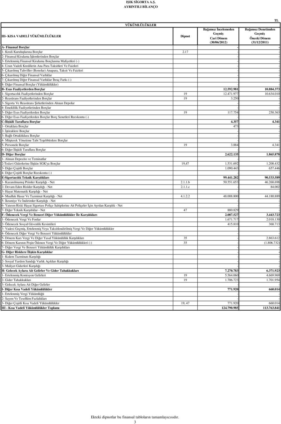 Anapara, Taksit Ve Faizleri 6- Çıkarılmış Diğer Finansal Varlıklar 7- Çıkarılmış Diğer Finansal Varlıklar İhraç Farkı (-) 8- Diğer Finansal Borçlar (Yükümlülükler) B- Esas Faaliyetlerden Borçlar 12.