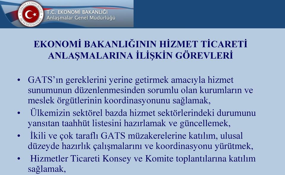 hizmet sektörlerindeki durumunu yansıtan taahhüt listesini hazırlamak ve güncellemek, İkili ve çok taraflı GATS müzakerelerine