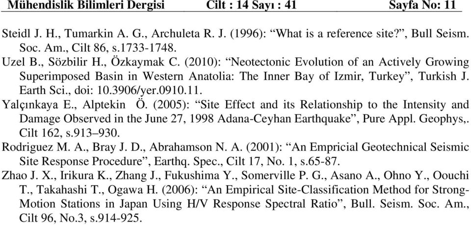 Yalçınkaya E., Alptekin Ö. (2005): Site Effect and its Relationship to the Intensity and Damage Observed in the June 27, 1998 Adana-Ceyhan Earthquake, Pure Appl. Geophys,. Cilt 162, s.913 930.