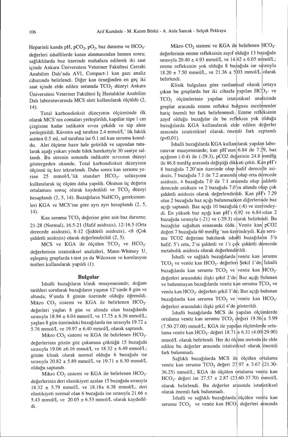 ~2 :t 6.05 mblll; çnde Ankara Ünverstes Veterner Fakültes Cerrah emme refleksnn yk lduğu 8 buağıda se sı~asıyla Anablm Dalı'nda AVL Cmpact-l kan gazı analz 18.20:t 7.50 mmlll, ve 21.36:t 51.