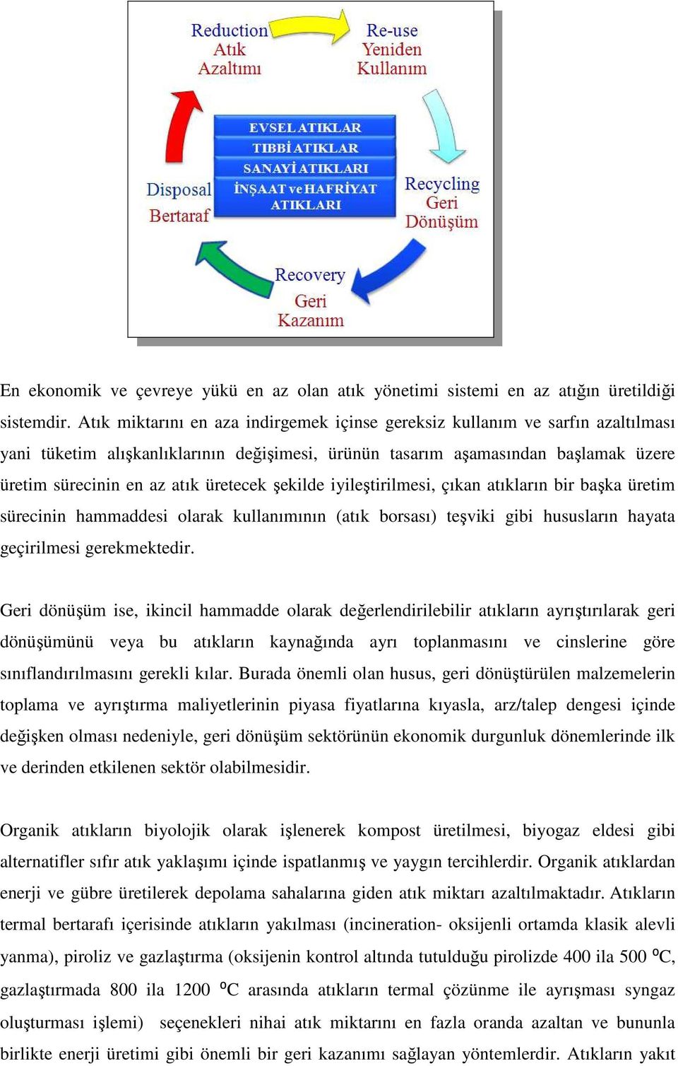 üretecek şekilde iyileştirilmesi, çıkan atıkların bir başka üretim sürecinin hammaddesi olarak kullanımının (atık borsası) teşviki gibi hususların hayata geçirilmesi gerekmektedir.