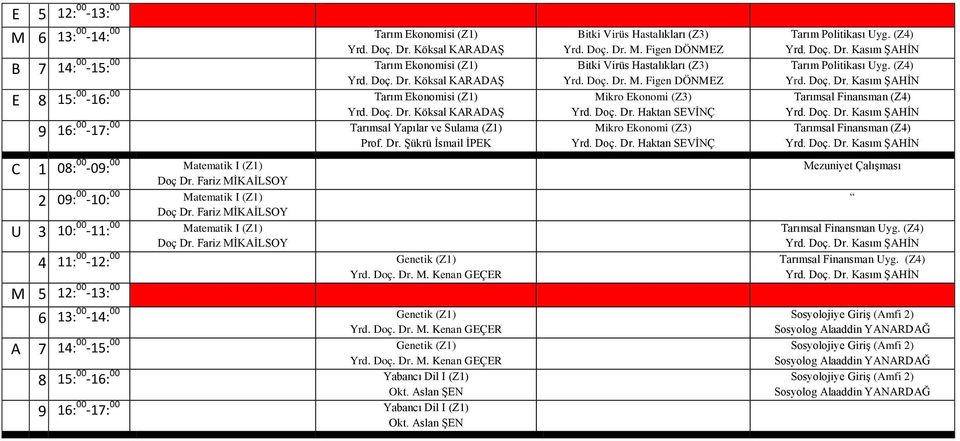 Doç. Dr. M. Kenan GEÇER 7 14: 00-15: 00 Genetik (Z1) Yrd. Doç. Dr. M. Kenan GEÇER 8 15: 00-16: 00 Yabancı Dil I (Z1) Okt. slan ŞEN 9 16: 00-17: 00 Yabancı Dil I (Z1) Okt.