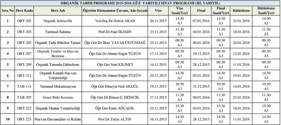 11.2015 5 ORT-209 Organik Tarımda Gübreleme Öğr.Gör.Nuri KİLİMCİ 16.11.2015 6 ORT-211 Organik Kanatlı Hayvan Yetiştiricliği Öğr.Gör.Dr.Ahmet Engin TÜZÜN 24.11.2015 7 TAB-111 Tarımsal Mekanizasyon Öğr.