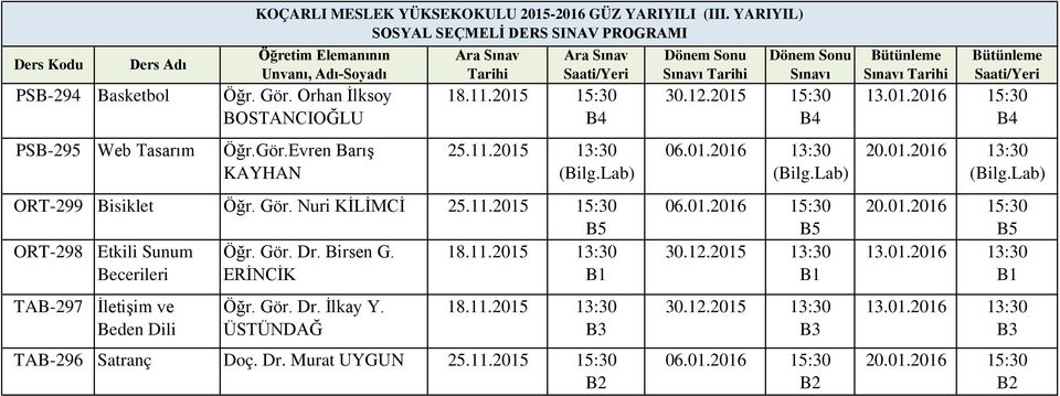 YARIYIL) SOSYAL SEÇMELİ DERS SINAV PROGRAMI Öğr. Gör. Dr. İlkay Y. 18.11.2015 TAB-296 Satranç Doç. Dr. Murat UYGUN 25.11.2015 Sınavı 06.