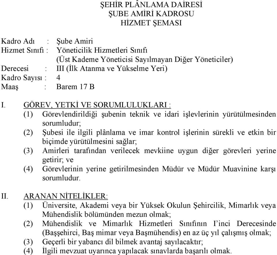 GÖREV, YETKİ VE SORUMLULUKLARI : (1) Görevlendirildiği şubenin teknik ve idari işlevlerinin yürütülmesinden sorumludur; (2) Şubesi ile ilgili plânlama ve imar kontrol işlerinin sürekli ve etkin bir