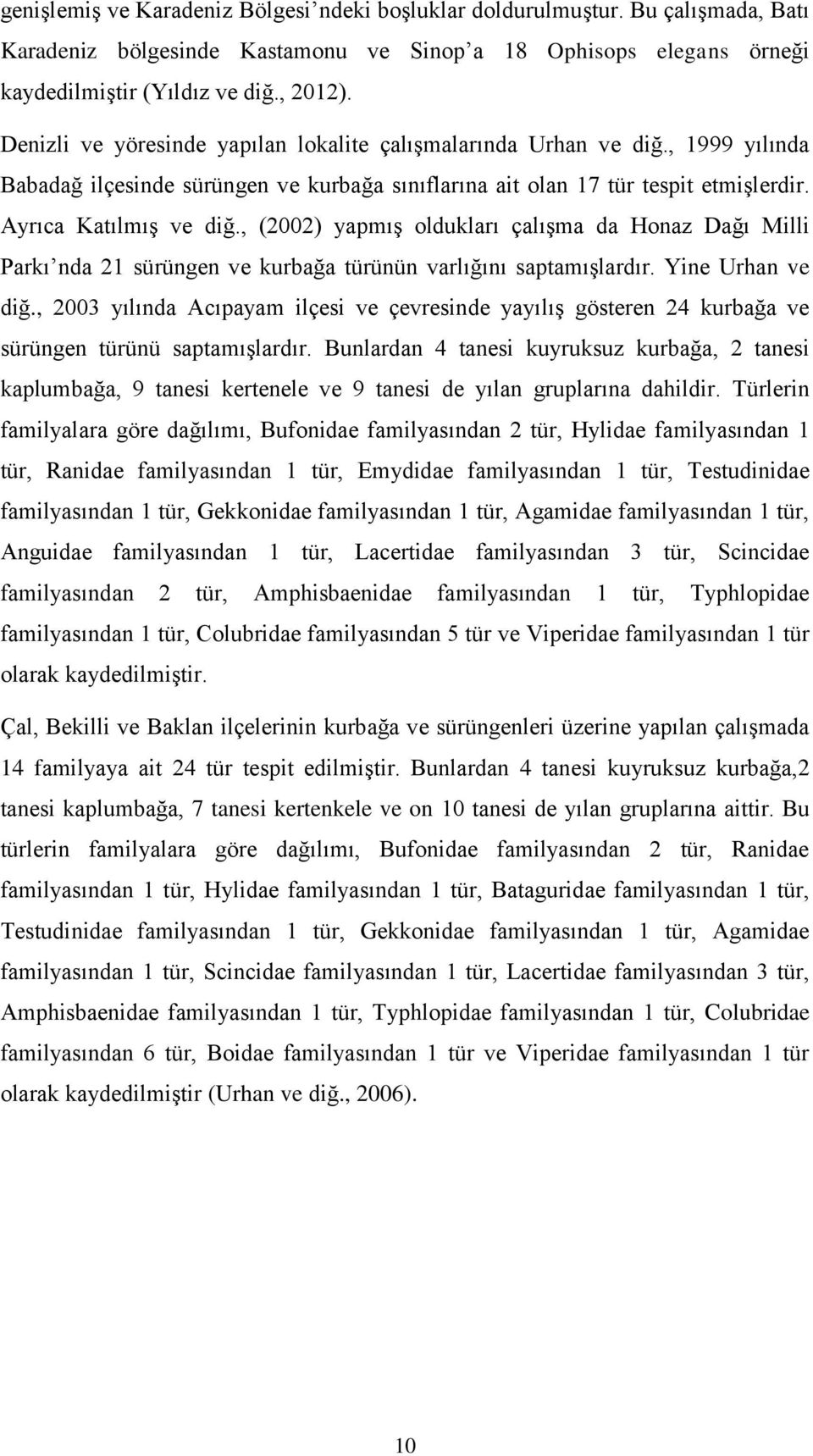 , (2002) yapmış oldukları çalışma da Honaz Dağı Milli Parkı nda 21 sürüngen ve kurbağa türünün varlığını saptamışlardır. Yine Urhan ve diğ.