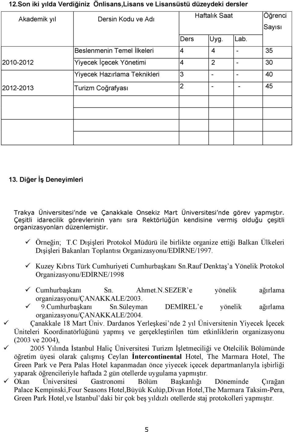 Diğer İş Deneyimleri Trakya Üniversitesi nde ve Çanakkale Onsekiz Mart Üniversitesi nde görev yapmıştır.