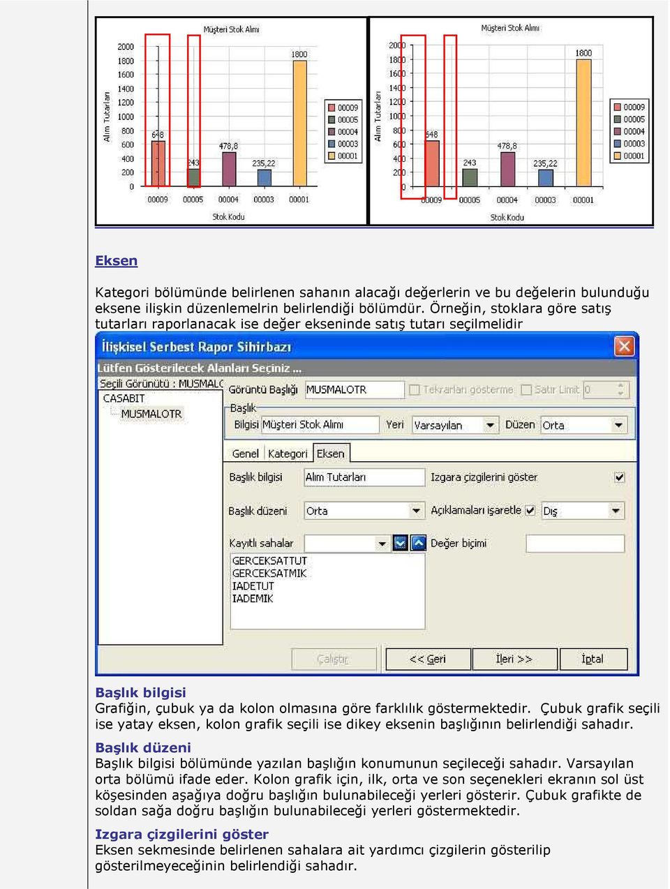 Çubuk grafik seçili ise yatay eksen, kolon grafik seçili ise dikey eksenin başlığının belirlendiği sahadır. Başlık düzeni Başlık bilgisi bölümünde yazılan başlığın konumunun seçileceği sahadır.