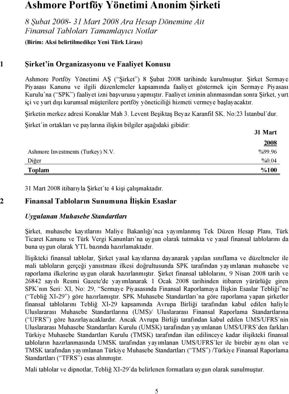 Faaliyet izninin alınmasından sonra Şirket, yurt içi ve yurt dışı kurumsal müşterilere portföy yöneticiliği hizmeti vermeye başlayacaktır. Şirketin merkez adresi Konaklar Mah 3.