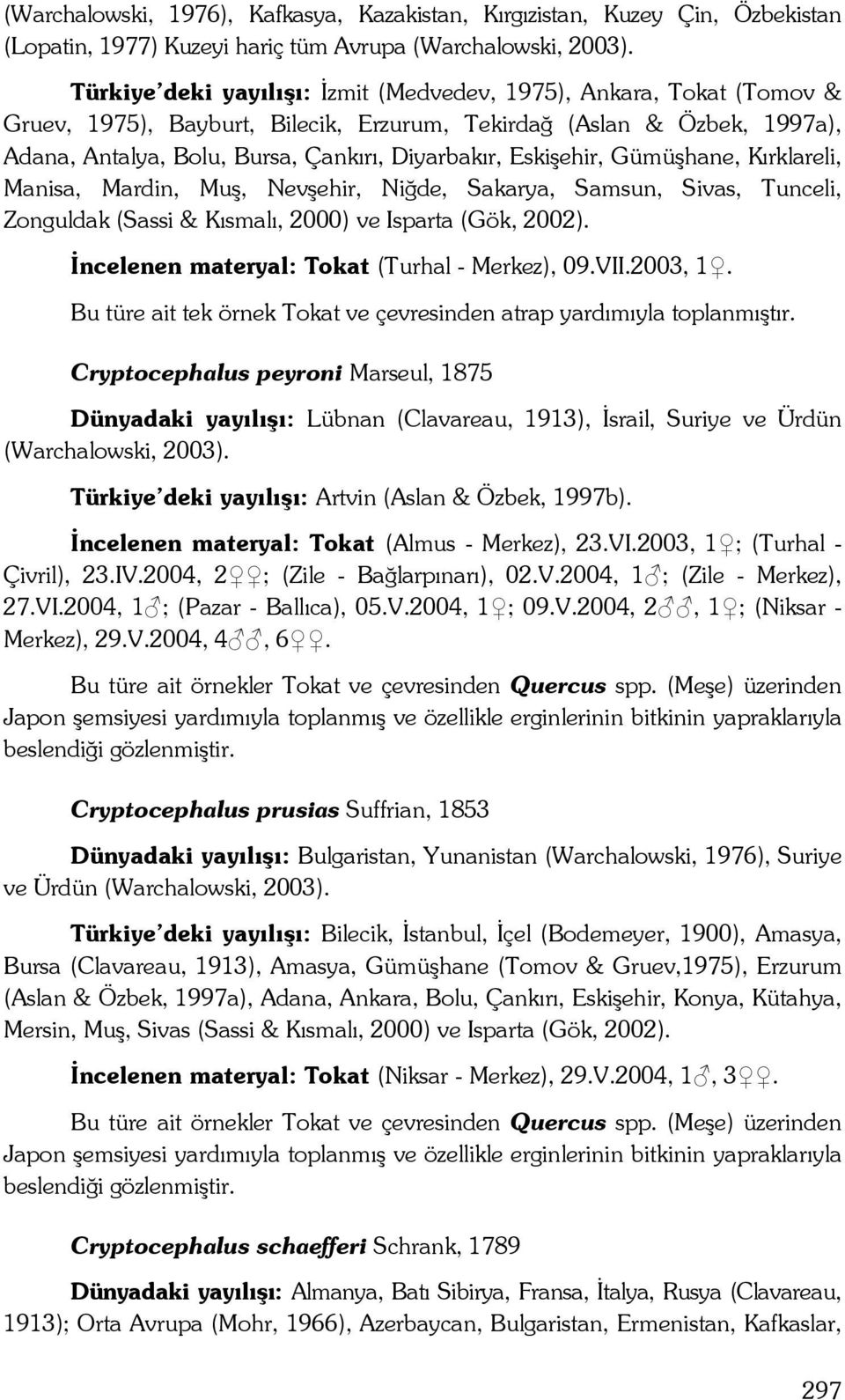 Eskişehir, Gümüşhane, Kırklareli, Manisa, Mardin, Muş, Nevşehir, Niğde, Sakarya, Samsun, Sivas, Tunceli, Zonguldak (Sassi & Kısmalı, 2000) ve Isparta (Gök, 2002).