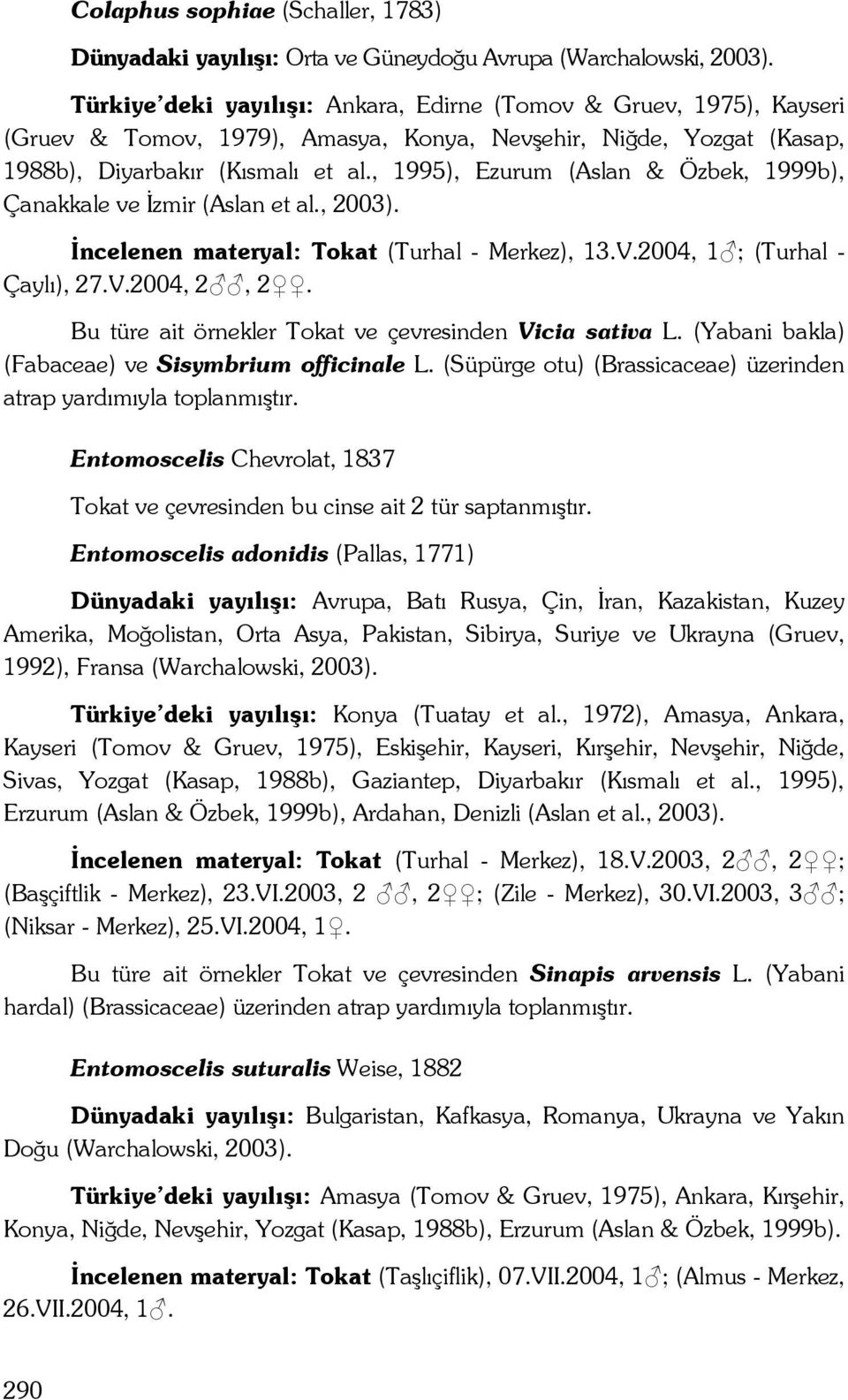 , 1995), Ezurum (Aslan & Özbek, 1999b), Çanakkale ve İzmir (Aslan et al., 2003). İncelenen materyal: Tokat (Turhal - Merkez), 13.V.2004, 1 ; (Turhal - Çaylı), 27.V.2004, 2, 2.