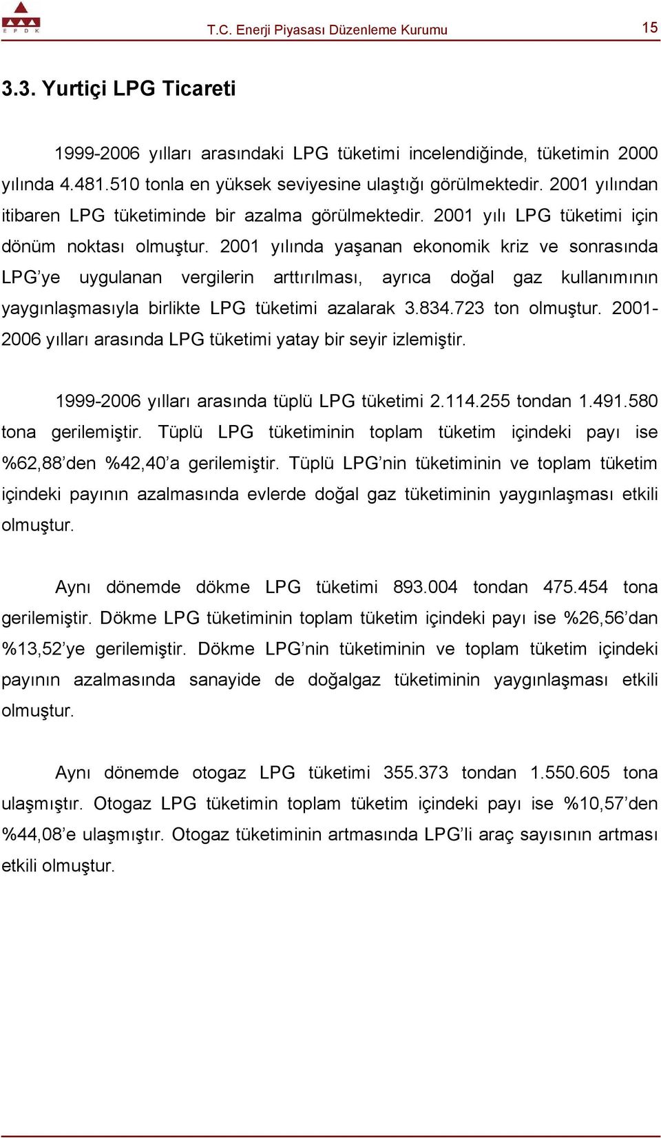 2001 yılında yaşanan ekonomik kriz ve sonrasında LPG ye uygulanan vergilerin arttırılması, ayrıca doğal gaz kullanımının yaygınlaşmasıyla birlikte LPG tüketimi azalarak 3.834.723 ton olmuştur.