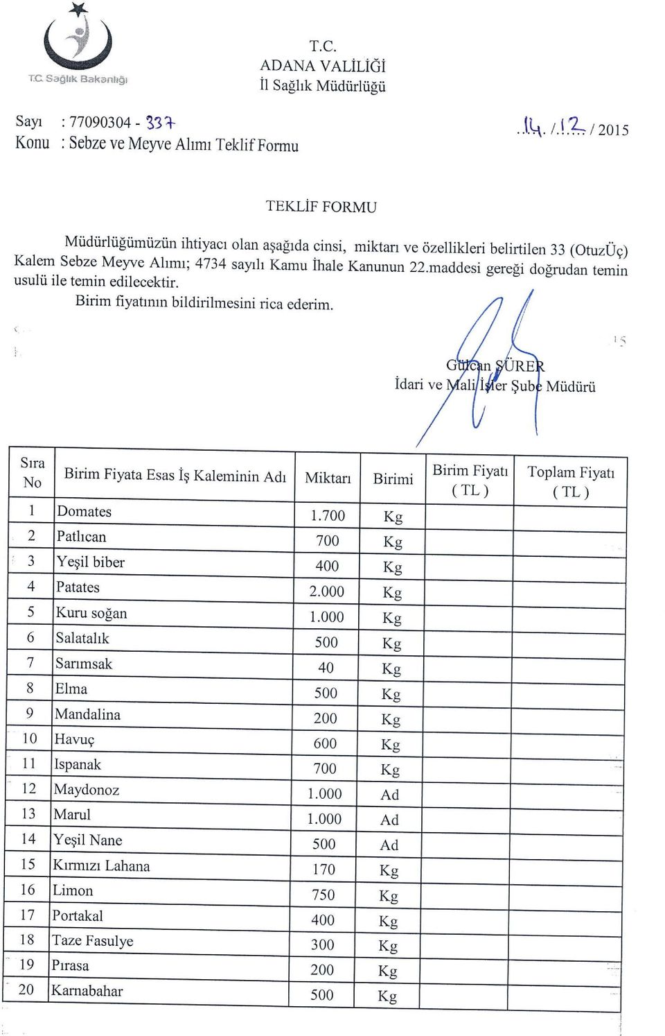 Birim fiyatrmn bildirilmesini rica ederim. ii Mridiirii Srra No Birim Fiyata Esas ig Kaleminin Adr Miktan Birimi Birim Fiyah (TL) Toplam Fiyah (TL) Domates r.