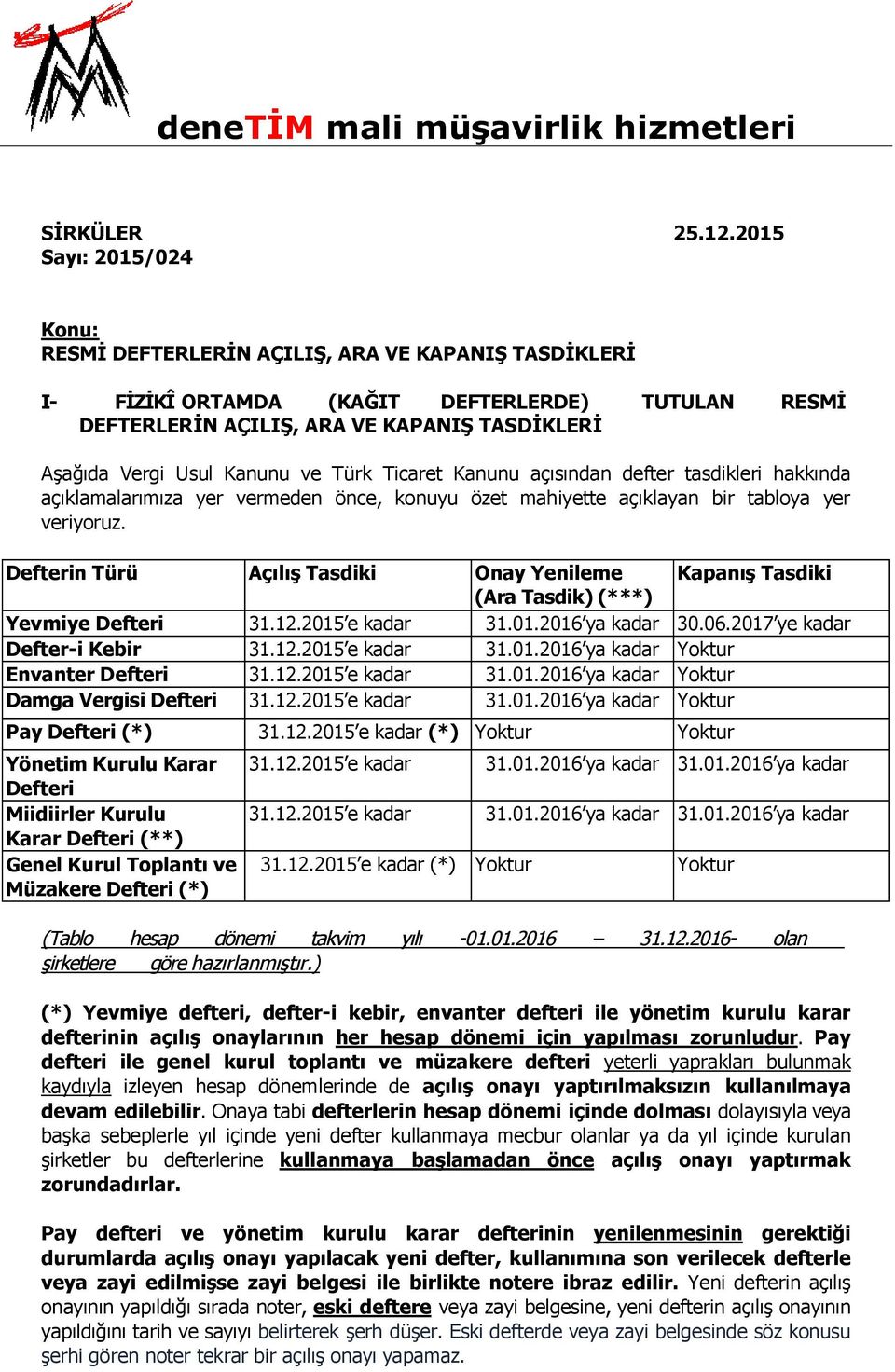 Kanunu ve Türk Ticaret Kanunu açısından defter tasdikleri hakkında açıklamalarımıza yer vermeden önce, konuyu özet mahiyette açıklayan bir tabloya yer veriyoruz.