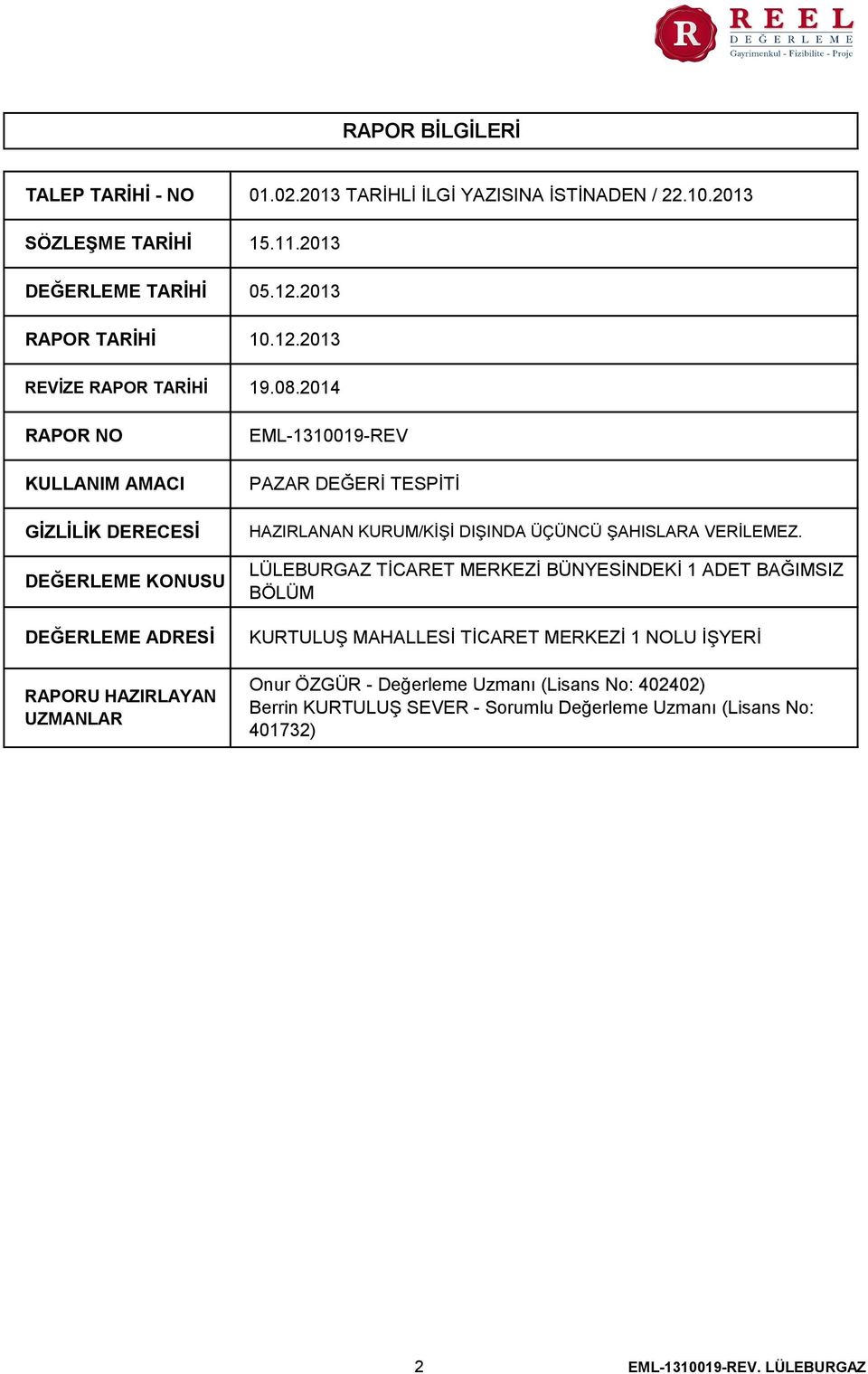 2014 RAPOR NO KULLANIM AMACI GİZLİLİK DERECESİ DEĞERLEME KONUSU DEĞERLEME ADRESİ RAPORU HAZIRLAYAN UZMANLAR EML-1310019-REV PAZAR DEĞERİ TESPİTİ HAZIRLANAN