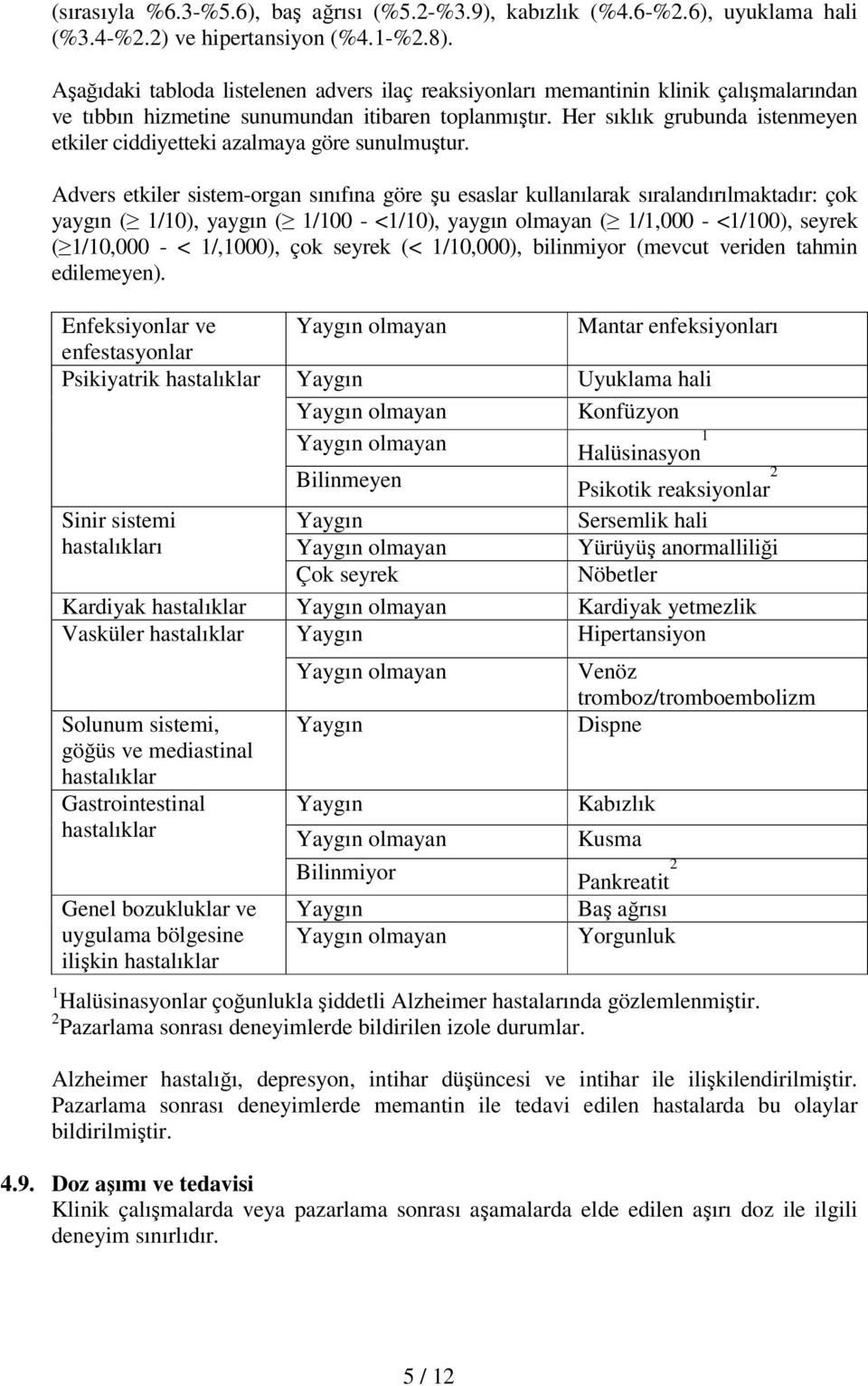 Her sıklık grubunda istenmeyen etkiler ciddiyetteki azalmaya göre sunulmuştur.