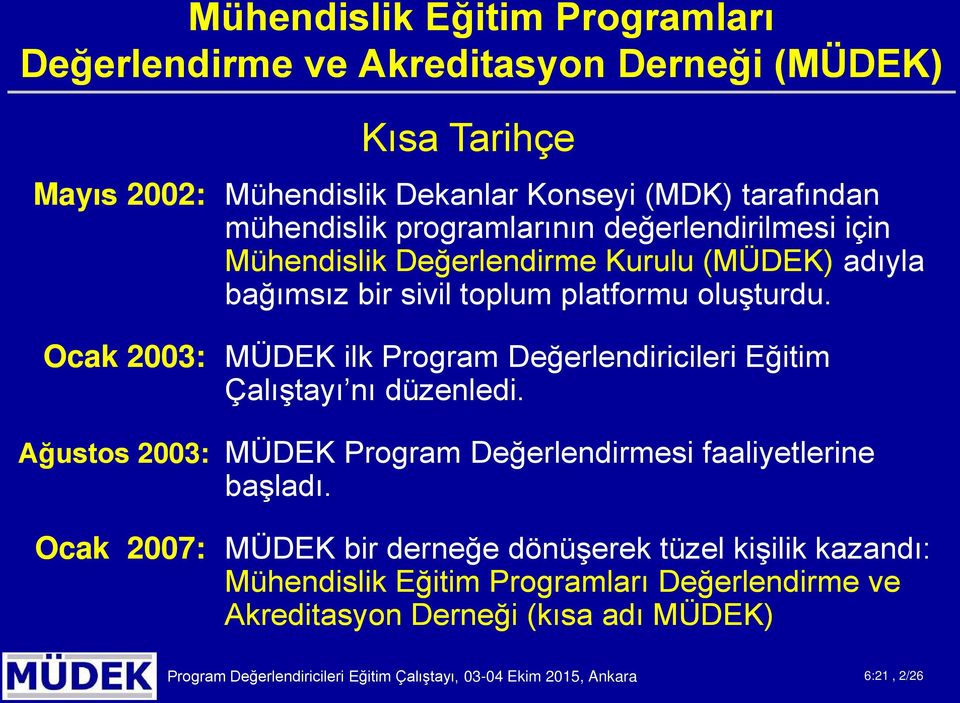 Ocak 2003: MÜDEK ilk Prgram Değerlendiricileri Eğitim Çalıştayı nı düzenledi. Ağusts 2003: MÜDEK Prgram Değerlendirmesi faaliyetlerine başladı.