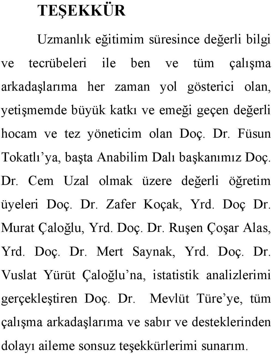 Dr. Zafer Koçak, Yrd. Doç Dr. Murat Çaloğlu, Yrd. Doç. Dr. Ruşen Çoşar Alas, Yrd. Doç. Dr. Mert Saynak, Yrd. Doç. Dr. Vuslat Yürüt Çaloğlu na, istatistik analizlerimi gerçekleştiren Doç.